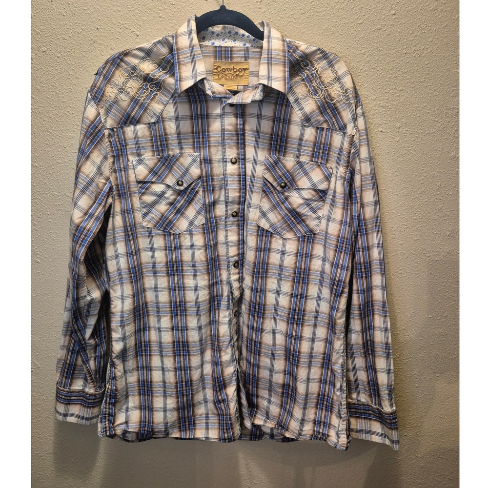 Cowboy Legend Men's Plaid Embroidered Long Sleeve Western‎ Shirt Size L